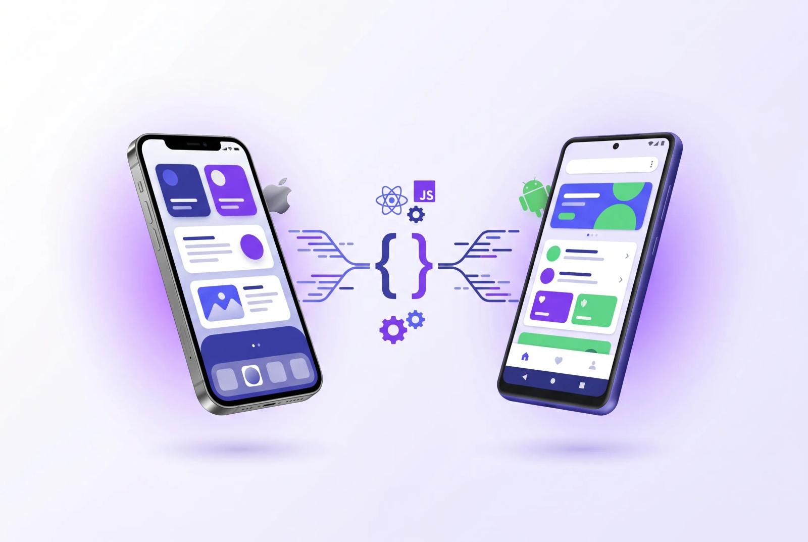 Un iPhone y un Android conectados por una base de código compartida con llaves de código