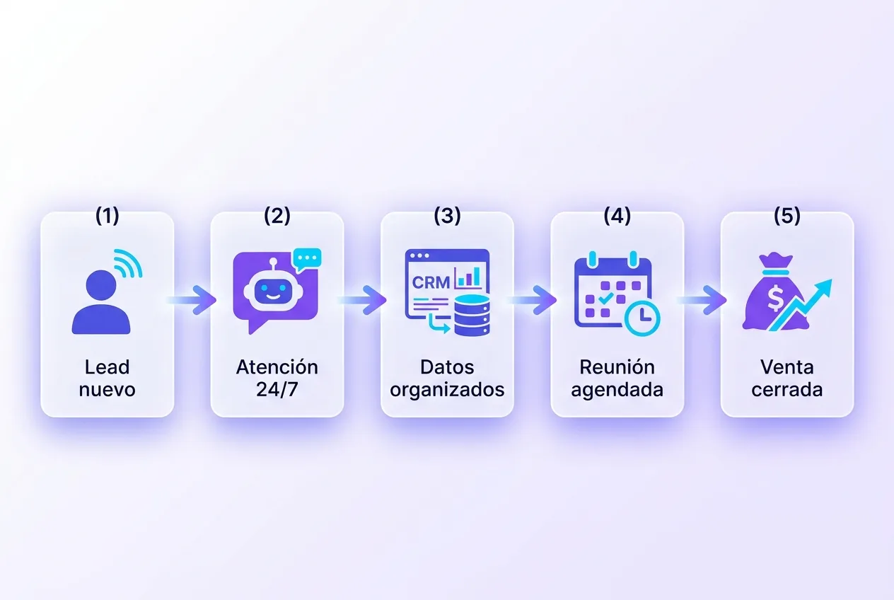 Flujo de automatización con IA: del lead nuevo al chatbot, al CRM y a la venta cerrada